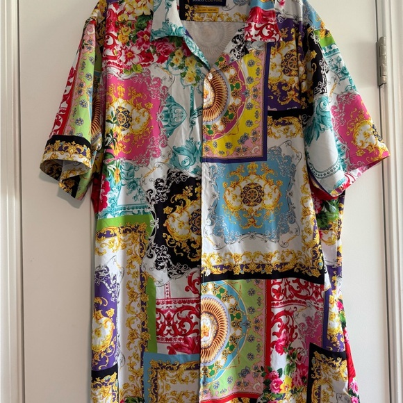 Red and Pink Casual Button Down Shirt with Patchwork Design - Picture 1 of 5